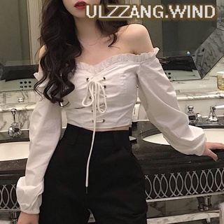 [HÀNG SẴN-video] Áo tiểu thư ulzzang trễ vai dây rút ngực dài tay - u.w