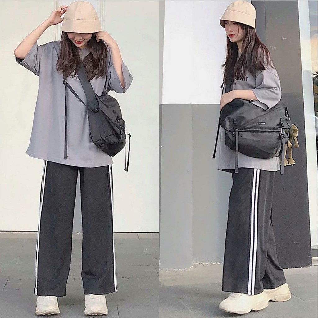 Quần thể thao ống rộng nữ 3 sọc trắng chất Umi màu đen kiểu basic suông dài có dây rút unisex mặc đi chơi học thể dục