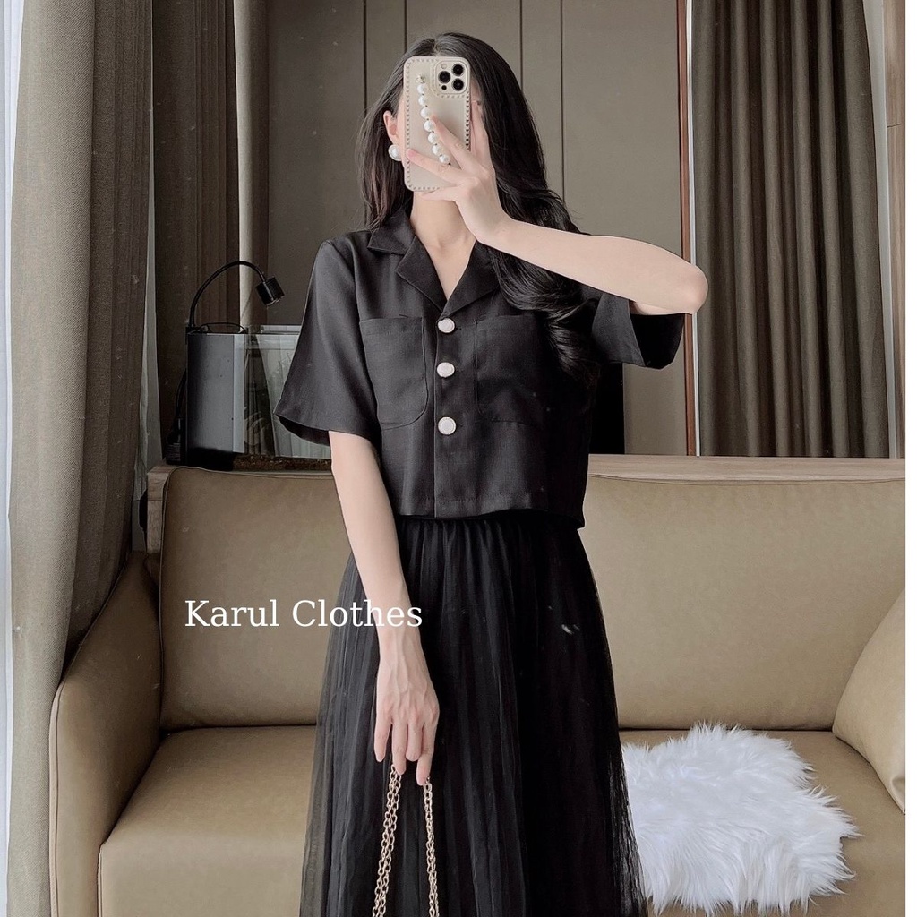 Áo sơ mi nữ dáng ngắn 3 cúc phôi 2 túi ngực sâu , áo sơ mi nữ phối 2 túi sâu 3 cúc kiểu dáng Hần quốc D598