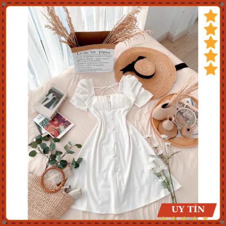 Đầm tay bồng xếp li ngực nút bọc Eva_home_fashion | BigBuy360 - bigbuy360.vn
