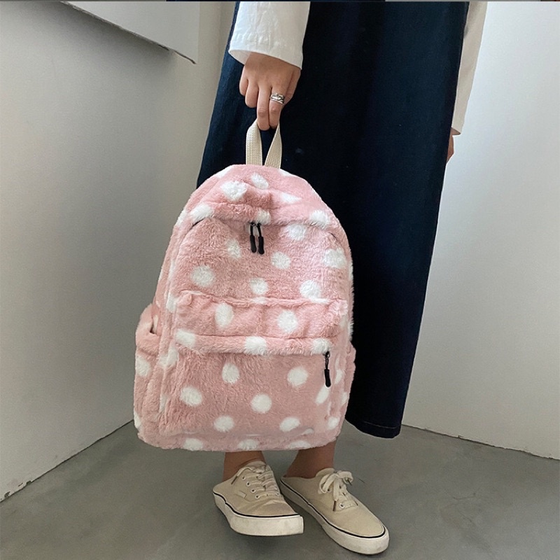 Balo lông thỏ hoạ tiết chấm bi trẻ trung