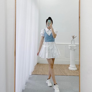 Set đầm sơ mi + ghi lê xanh