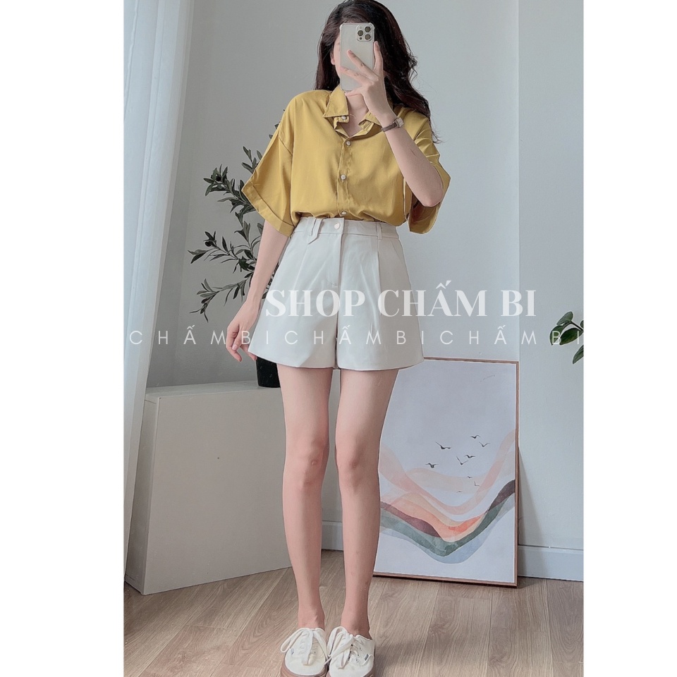 Áo sơ mi basic A.327, Áo kiểu trơn cổ đức cộc tay gập gấu dáng ngắn 6 màu đơn giản - Thời gian trang nữ Chấm Bi