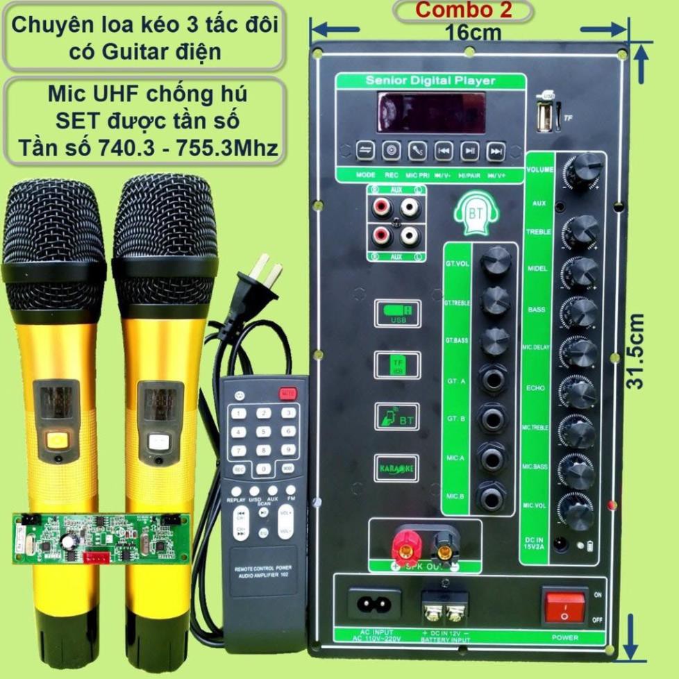 Mạch loa kéo 2 kênh 3 tấc đôi có Guitar điện 2 IC CS8676 120W + 120W có nguồn xung 220V kèm Micro UHF đôi