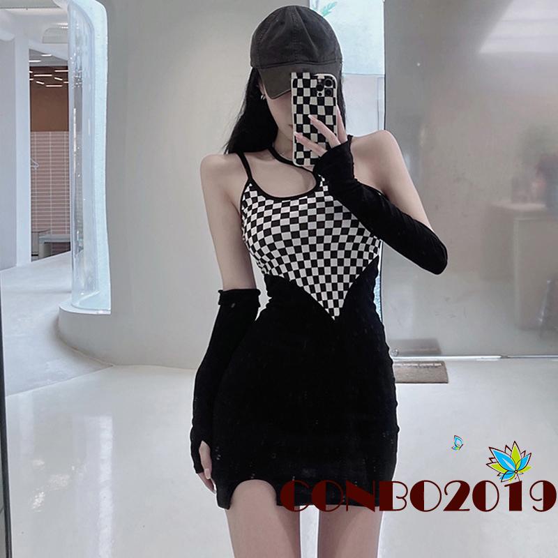 Đầm Mini Hai Dây Ôm Dáng Không Tay In Họa Tiết Caro Kiểu Cách Cho Nữ