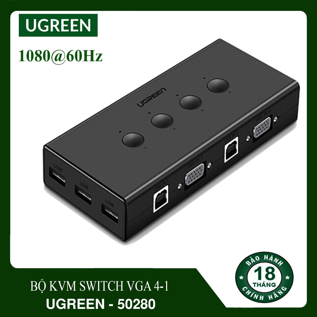 Bộ chuyển mạch KVM Switch Ugreen 50280 CM154 Bộ Kết Nối 4 CPU Dùng Chung 1 Màn Hình VGA và 3 Cổng USB