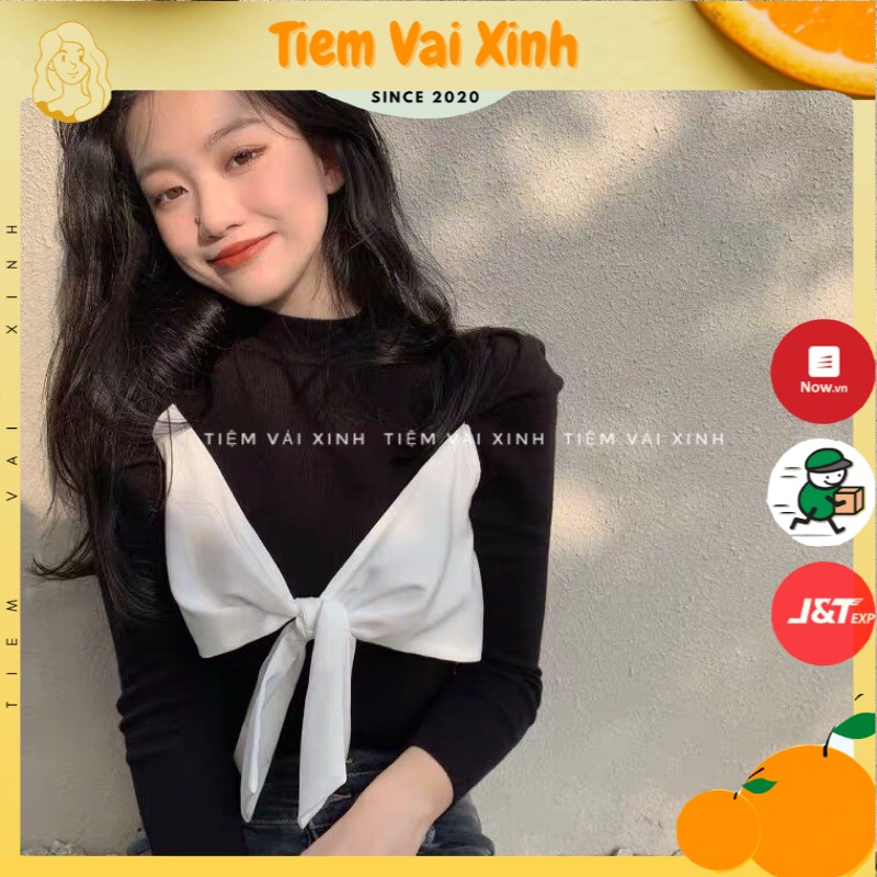 Áo Croptop Nữ  [Tiệm Vải Xinh]  Áo Croptop Dài Tay Nơ Ngực - Hàng Quảng Châu