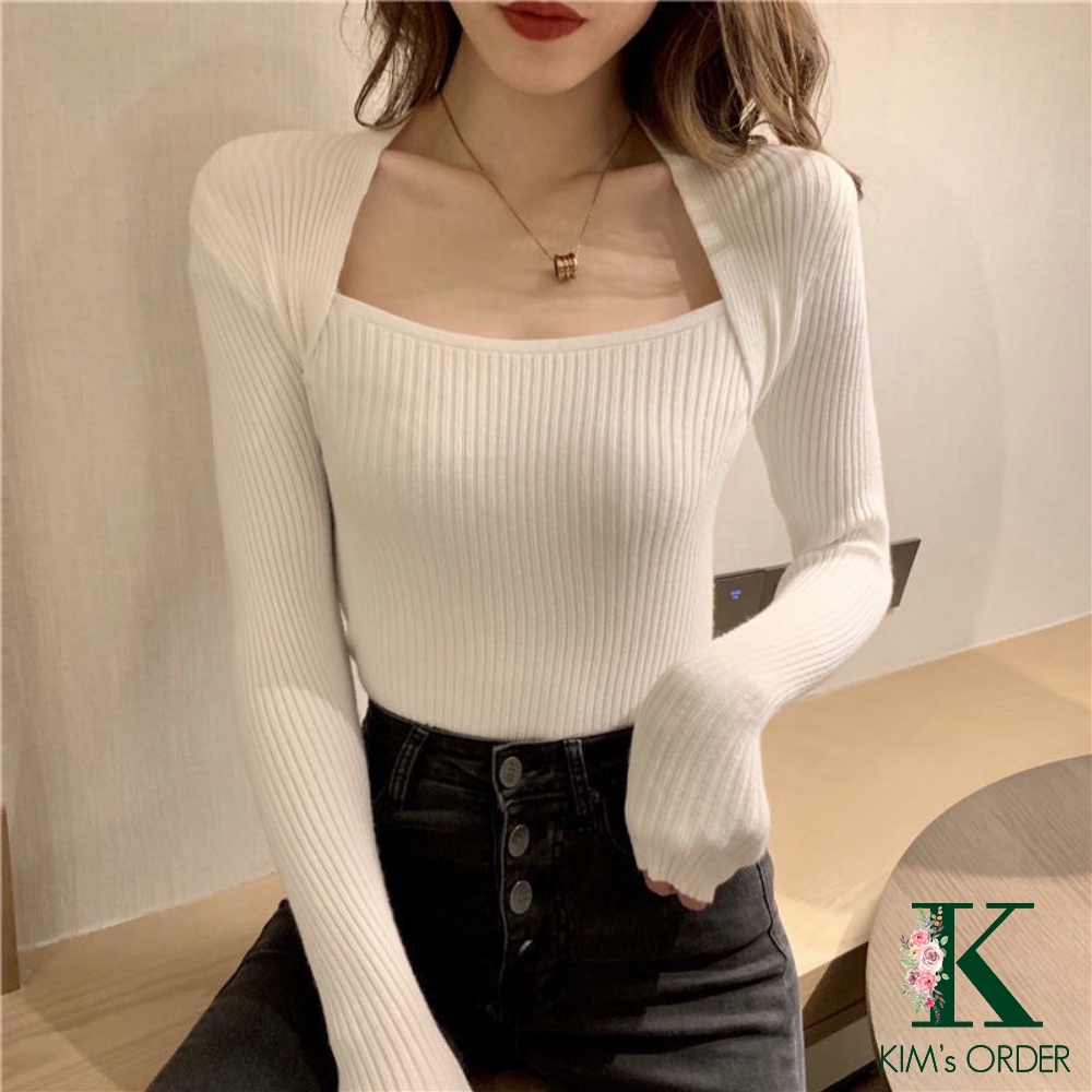 Áo len nữ ôm sát cổ chữ U màu nâu đen trắng be dài tay chất đẹp loại 1 kiểu dáng body style Hàn Quốc sang chảnh