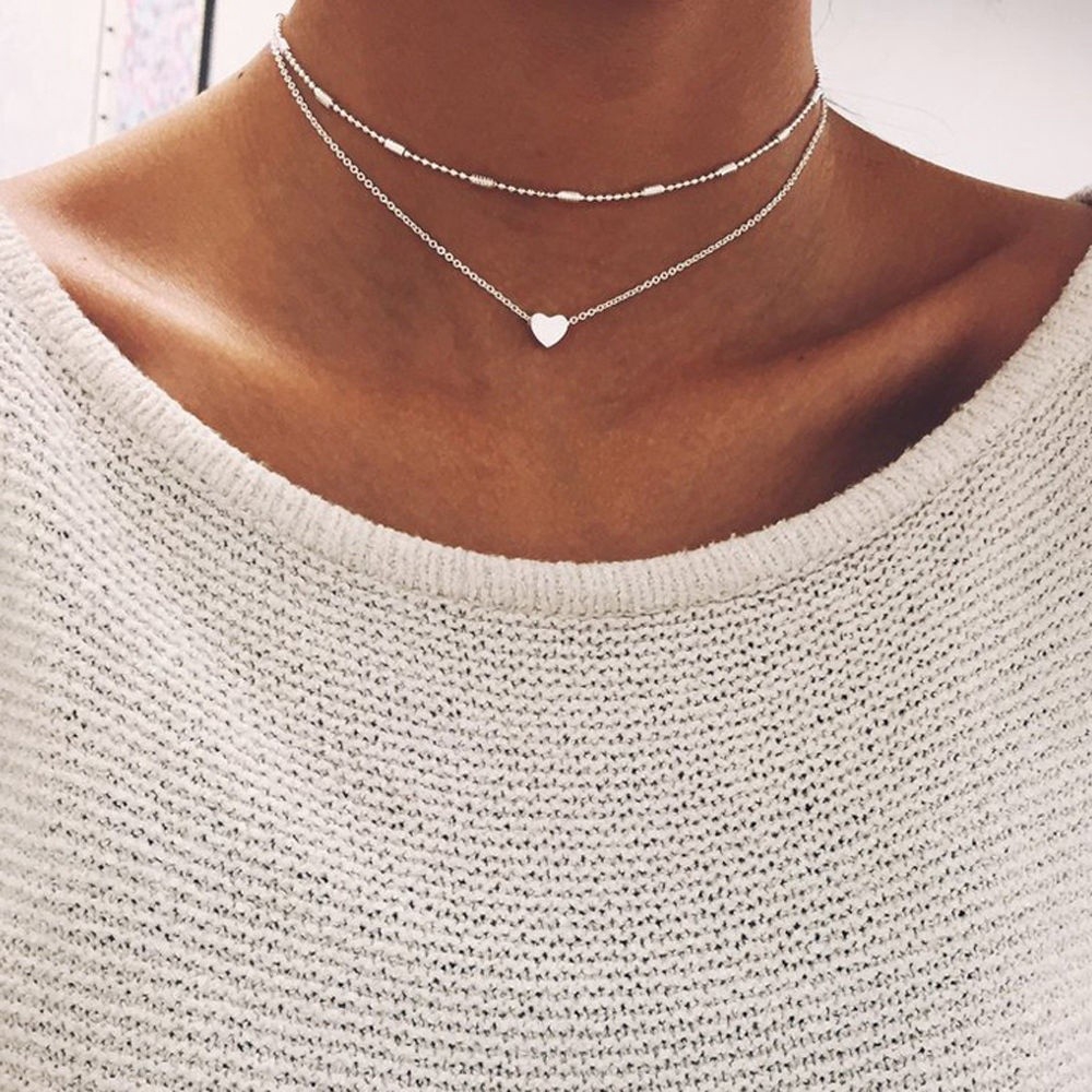 Dây Chuyền Kiểu Choker Hai Lớp Mặt Hình Trái Tim Phong Cách Cổ Điển