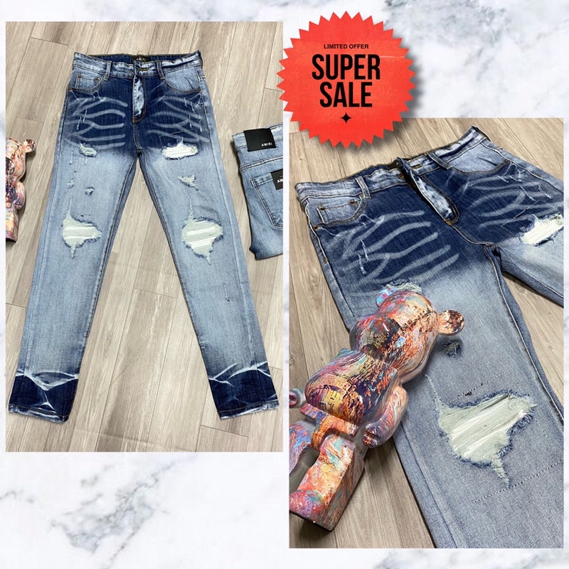 Quần jean nam vá da nhăn trắng khâu viền,quần bò vá da nhăn amiri màu trắng dáng slimfit wash màu xanh khói