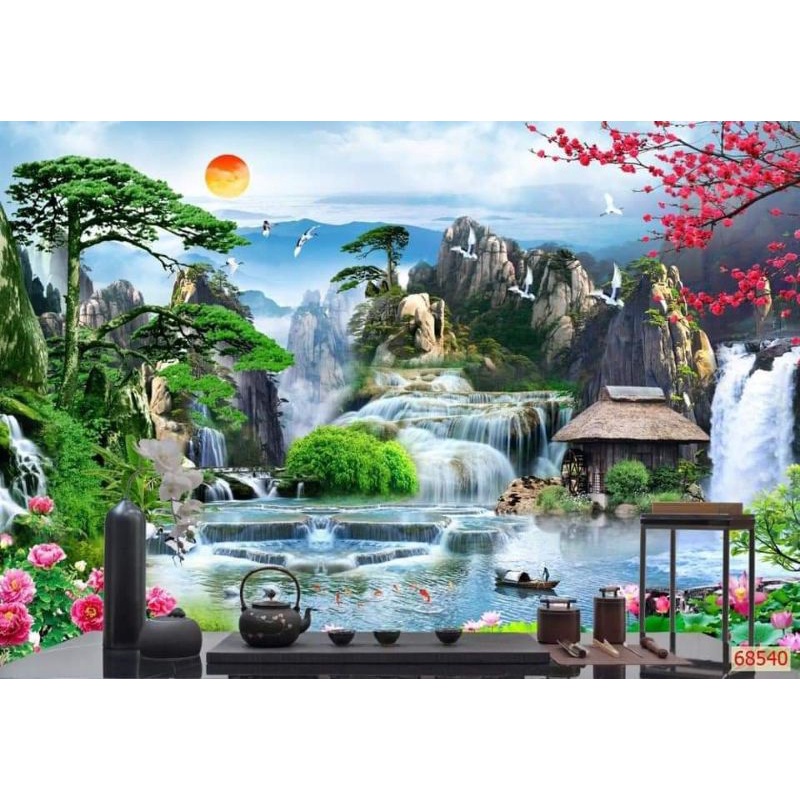 tranh Lụa thiên nhiên phong cảnh 3d tranh thác nước phòng khách 120x80cm