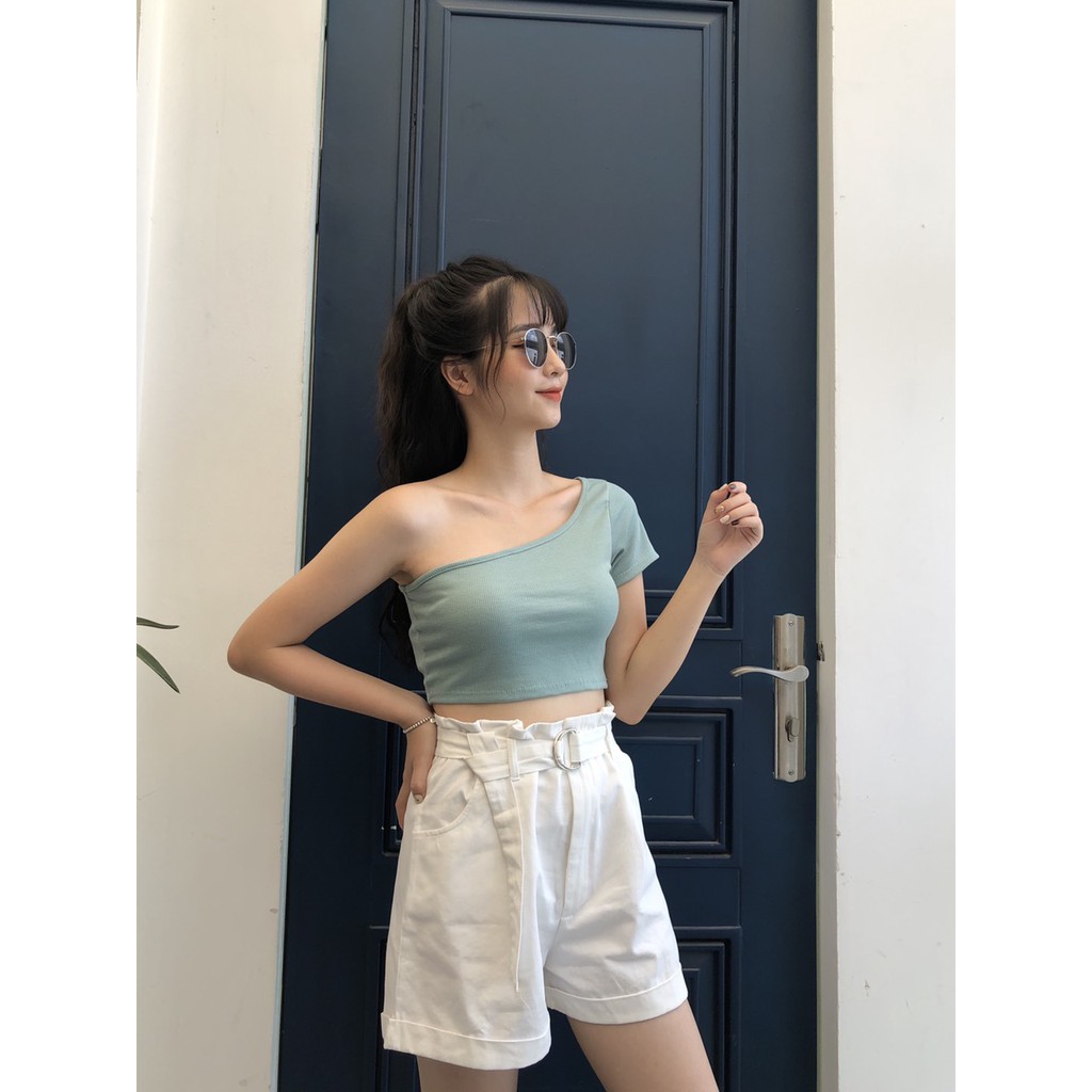 Croptop Len Tăm Lệch Vai Nữ [FREESHIP]🌸 Áo phông thun gân nhỏ cộc tay basic trơn màu Đen | Trắng | Nâu | Tím Ulzzang 🌸