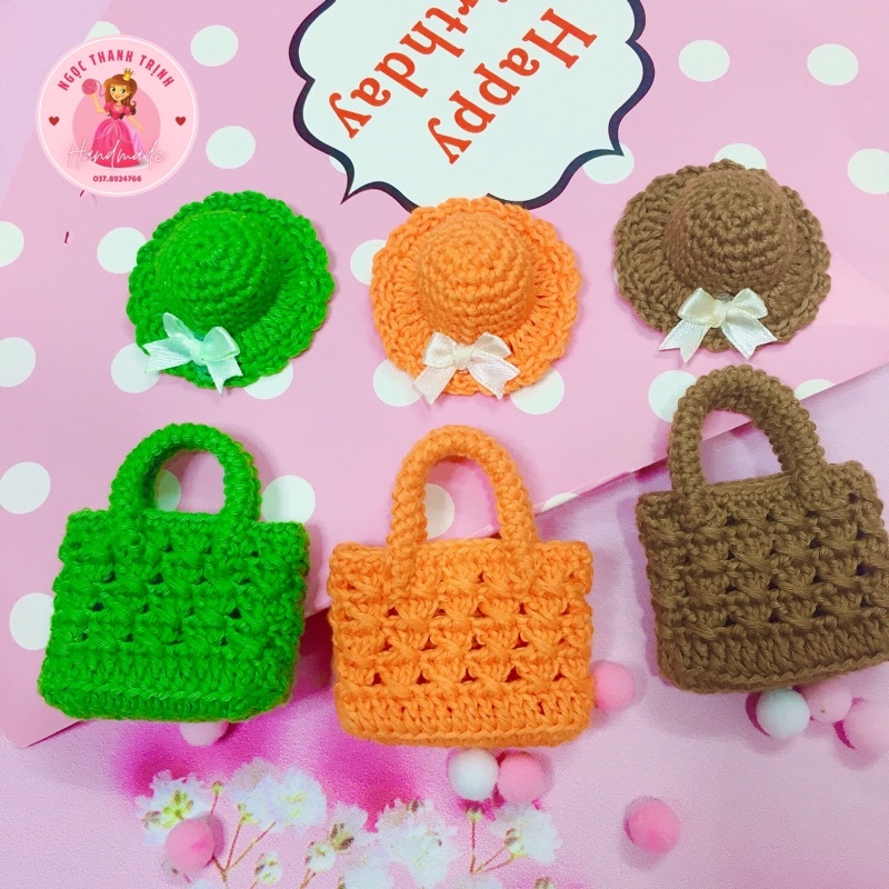 Túi xách búp bê bằng len, nón búp bê bằng len, đô trang trí băng len, túi xách mini, nón mini