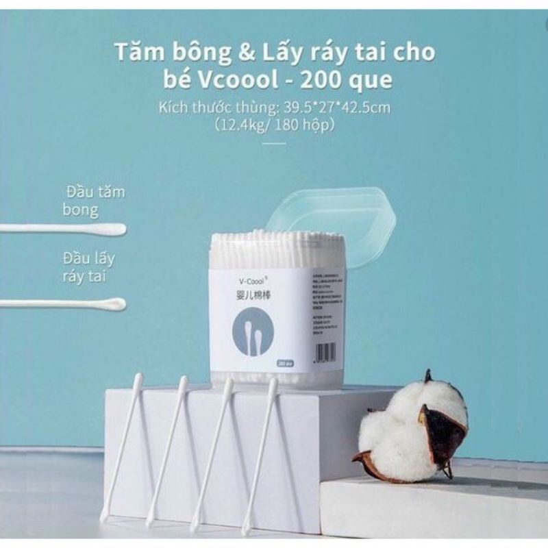 Tăm bông đa năng VCOOL kháng khuẩn lõi giấy hộp 200 chiếc