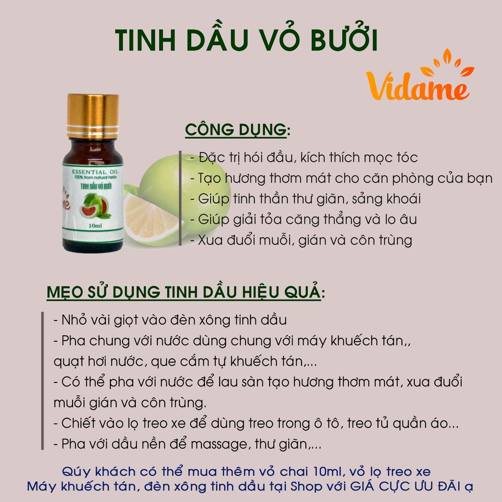 COMBO 2 LỌ 10ML _ Tinh Dầu Vỏ Bưởi VIDAME - Hương thơm dịu nhẹ, thư giãn, xông thơm phòng, xua đuổi muỗi, côn trùng