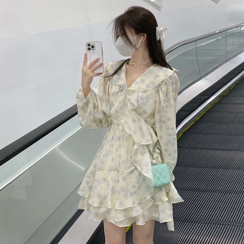 Váy ngắn hoạ tiết hoa tay phồng thời trang mùa xuân kiểu Pháp nhẹ nhàng cho nữ