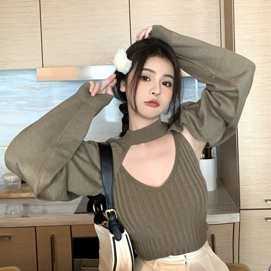 Porozi  Áo len nữ cổ tròn hở lưng phong cách Hàn Quốc