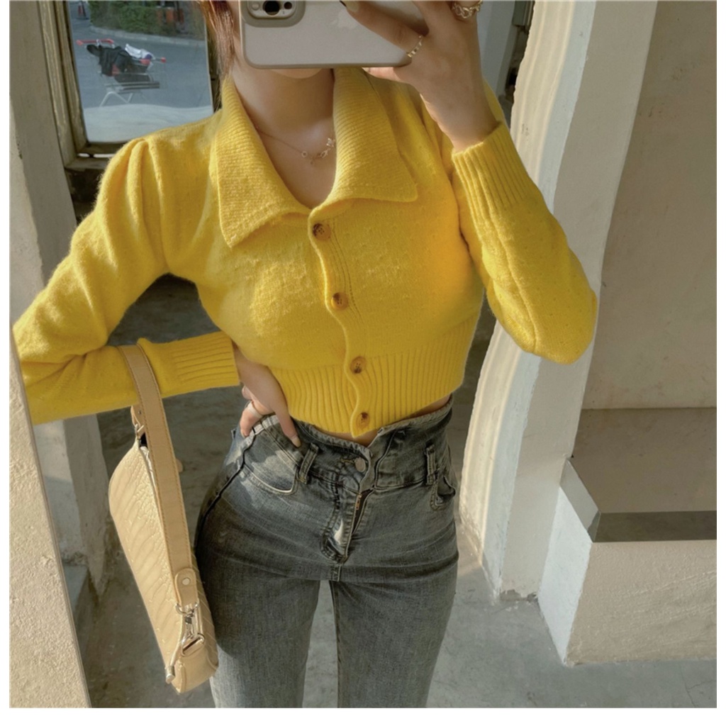 Áo cardigan ZHELIHANGFEI dệt kim tay dài cổ bẻ dáng ôm eo cao kiểu Pháp quyến rũ