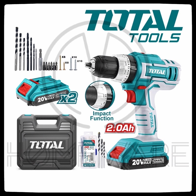 Máy khoan búa dùng pin Lithium 20V Total TIDLI20031 45Nm Kèm 2 pin 1 sạc nhanh kèm theo 50 món linh kiện (3 mũi khoan)