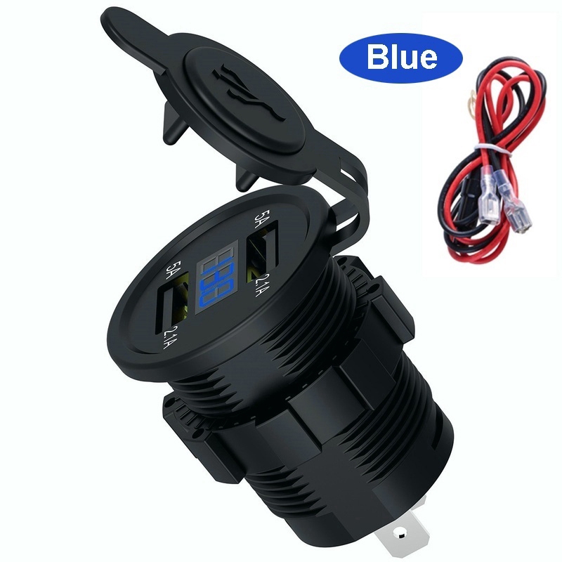 Car Dual USB Charger Socket Adapter LED Display with Dust Cover Power Socket Car Motorcycle Waterproof USB Quick Charge