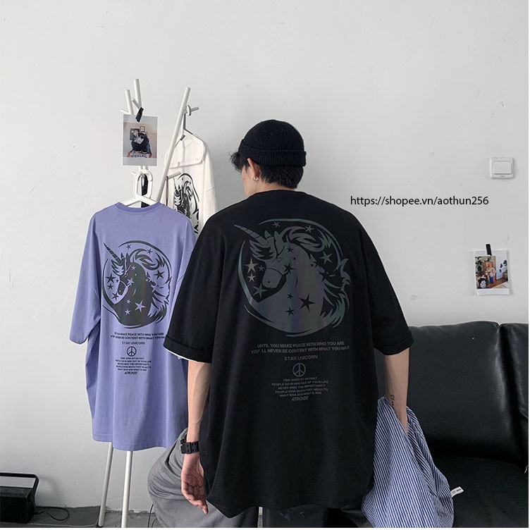 Áo thun nam nữ unisex phản quang Đa Sắc Ngựa Hoang Unicor tay lỡ oversize áo phông rộng basic streetwear