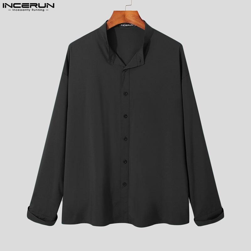 Áo sơ mi INCERUN tay dài cài nút màu trơn cỡ lớn thời trang trẻ trung dành cho nam
