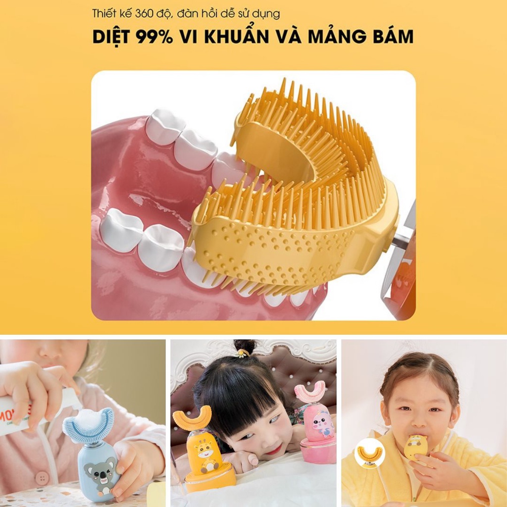 [Tặng kem] Brushie Kids-Bàn Chải Điện Trẻ Em Cao Cấp Chống Nước, chế độ Sáng-Tối, Khử Khuẩn Chăm Sóc Nứu-Nhạc Tiếng Việt