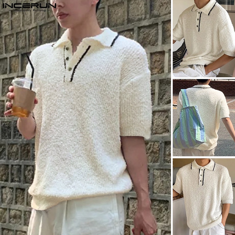 Áo thun polo INCERUN dệt kim ngắn tay phong cách vintage thời trang dành cho nam
