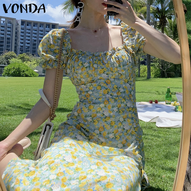  Đầm Tay Ngắn Cổ Vuông VONDA Họa Tiết Hoa Xẻ Tà Phong Cách Hàn Quốc | BigBuy360 - bigbuy360.vn