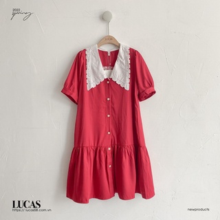 Váy đỏ cổ sen trắng viền lượn tay cộc dọc cúc bọc