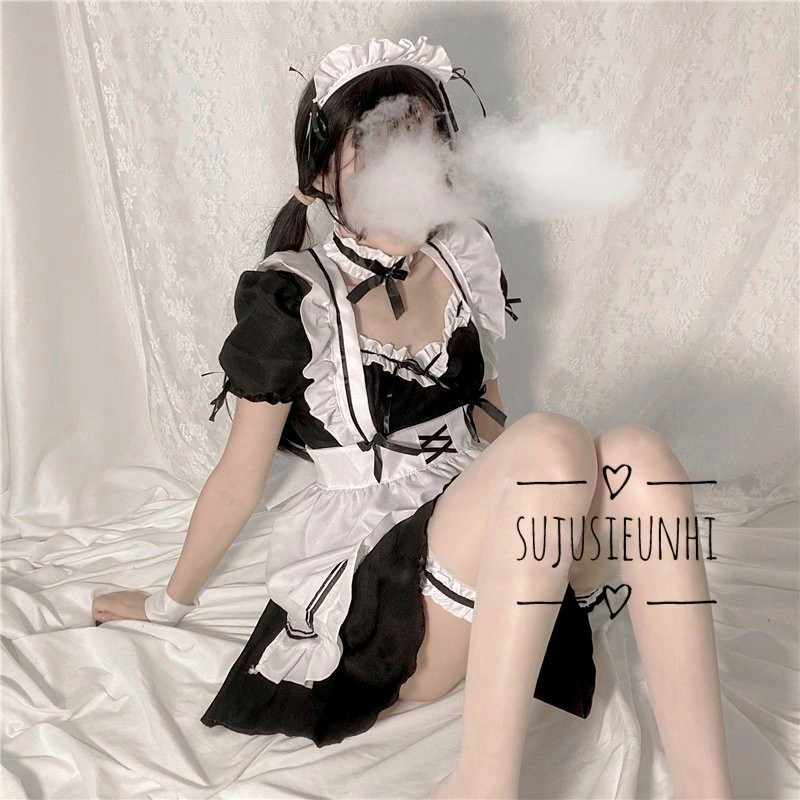 (CÓ VIDEO) Full set 7 chi tiết bộ trang phục hầu gái dễ thương- Cute Maid- Lolita Cosplay dress