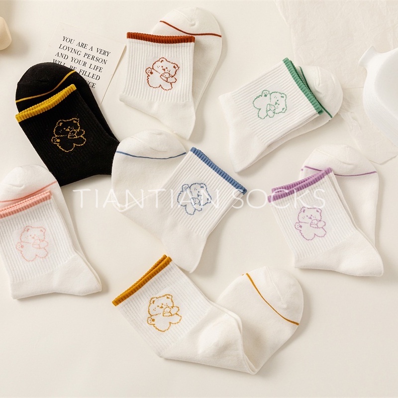 TIAN TIAN T083 Tất nữ cao cấp Vớ mỏng cổ vừa in hình gấu hoạt hình phong cách Hàn Quốc Nhật Bản dễ thương thời trang xuân thu cho nữ sinh