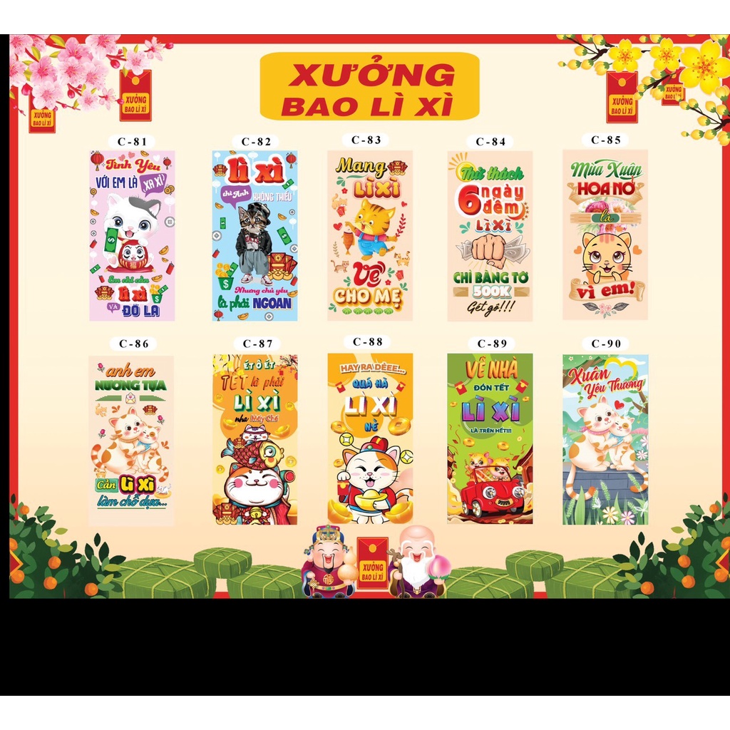Xấp 10 bao lì xì hàng loại nhất giá xưởng,chọn mẫu từ 48 đến 95,bao lì xì 2023