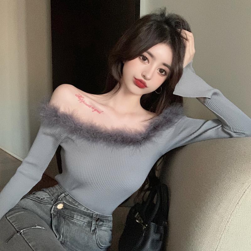 Áo dệt kim tay dài cổ thuyền màu trơn phối lông sang trọng thời trang cho nữ