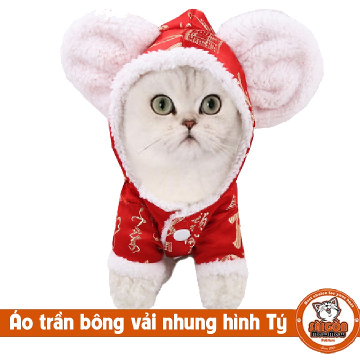 Áo trần bông vải nhung hình chuột cho thú cưng đón tết