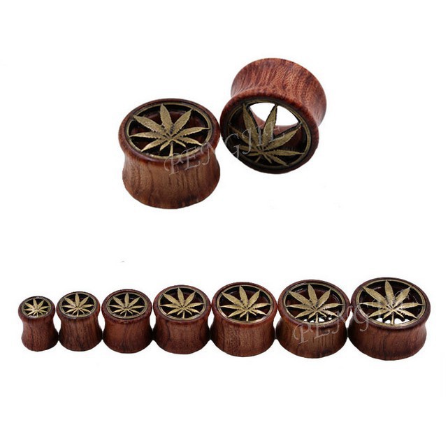 Đôi khuyên tai Gauge Plug bằng gỗ măt đá tự nhiên hình chiếc lá