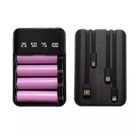 Box sạc dự phòng 4 Cell , QC 3.0 có liền 4 dây cáp các chuẩn Linghtning, Type C, Micro USB và USB
