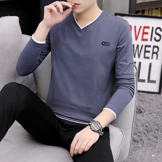 Áo Thun Cotton Tay Dài Cổ Chữ V Màu Sắc Đơn Giản Size M-4XL