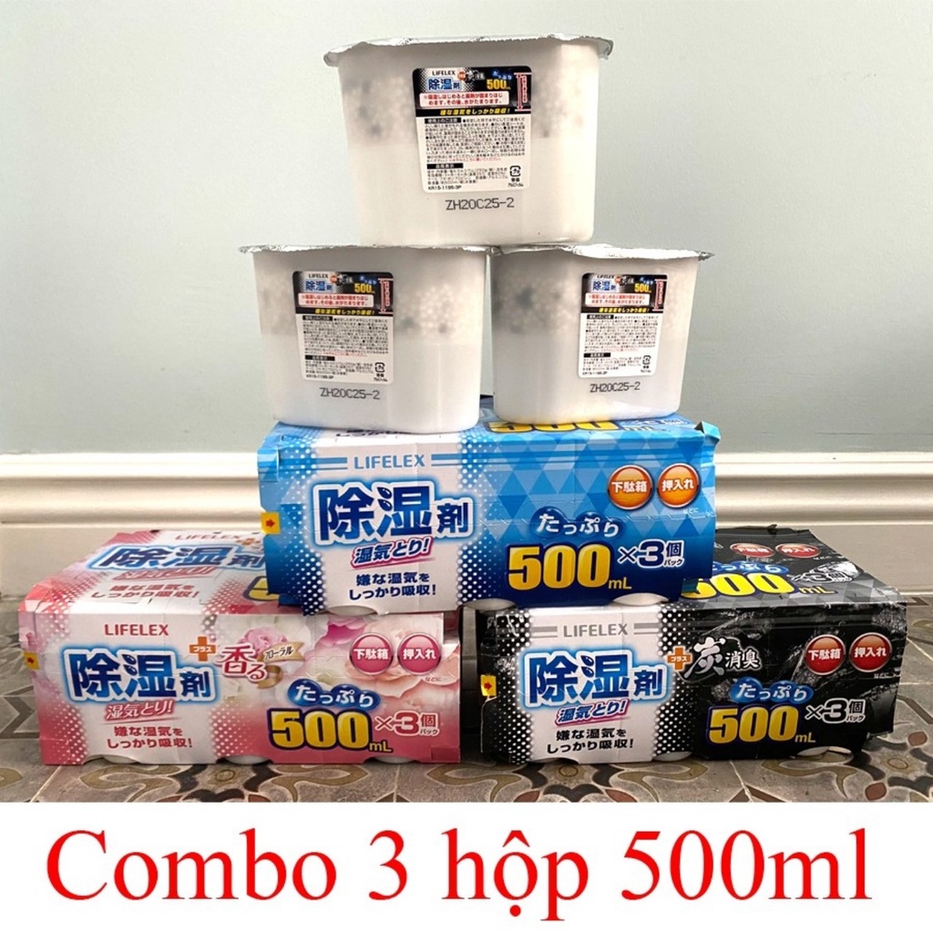 Hộp hút ẩm khử mùi tủ quần áo , tủ giày (3 hộp *500ml) Nhật Bản tránh ẩm mốc khử mùi hôi siêu hiệu quả