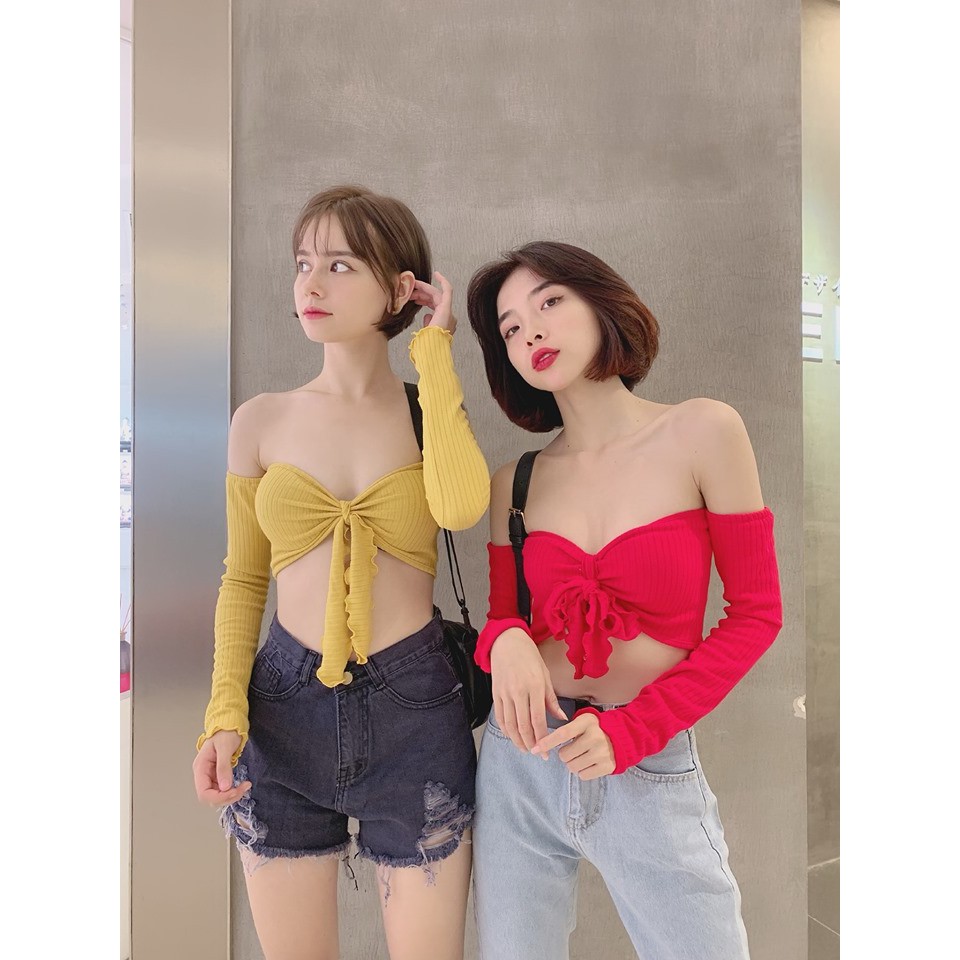 Crop tay dài trễ vai cột ngực
