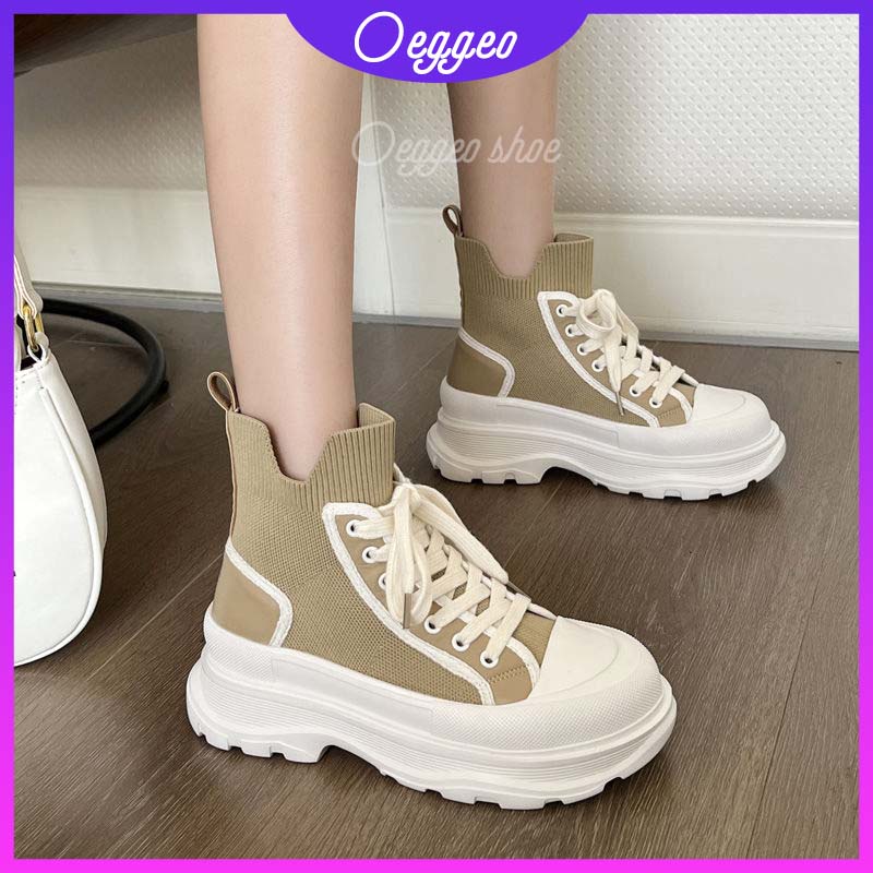 Oeggeo Giày Vải Dệt Đế Bằng Cổ Cao Thời Trang Thường Ngày Cho Nữ