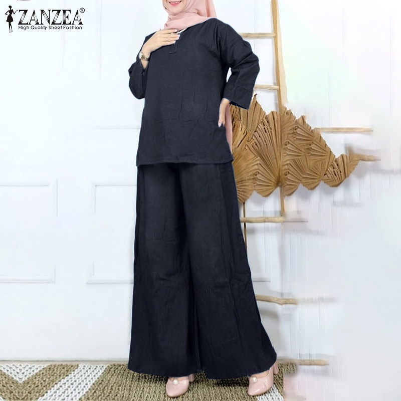 Zanzea Set Áo Denim Tay 3 / 4 Và Quần Dài Ống Rộng Thời Trang Nữ