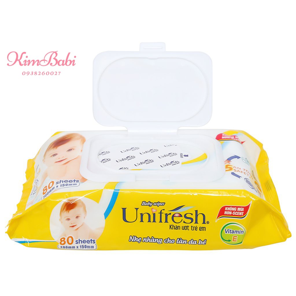 Khăn Ướt Unifresh không mùi Vitamin E và Nha Đam gói 80 tờ