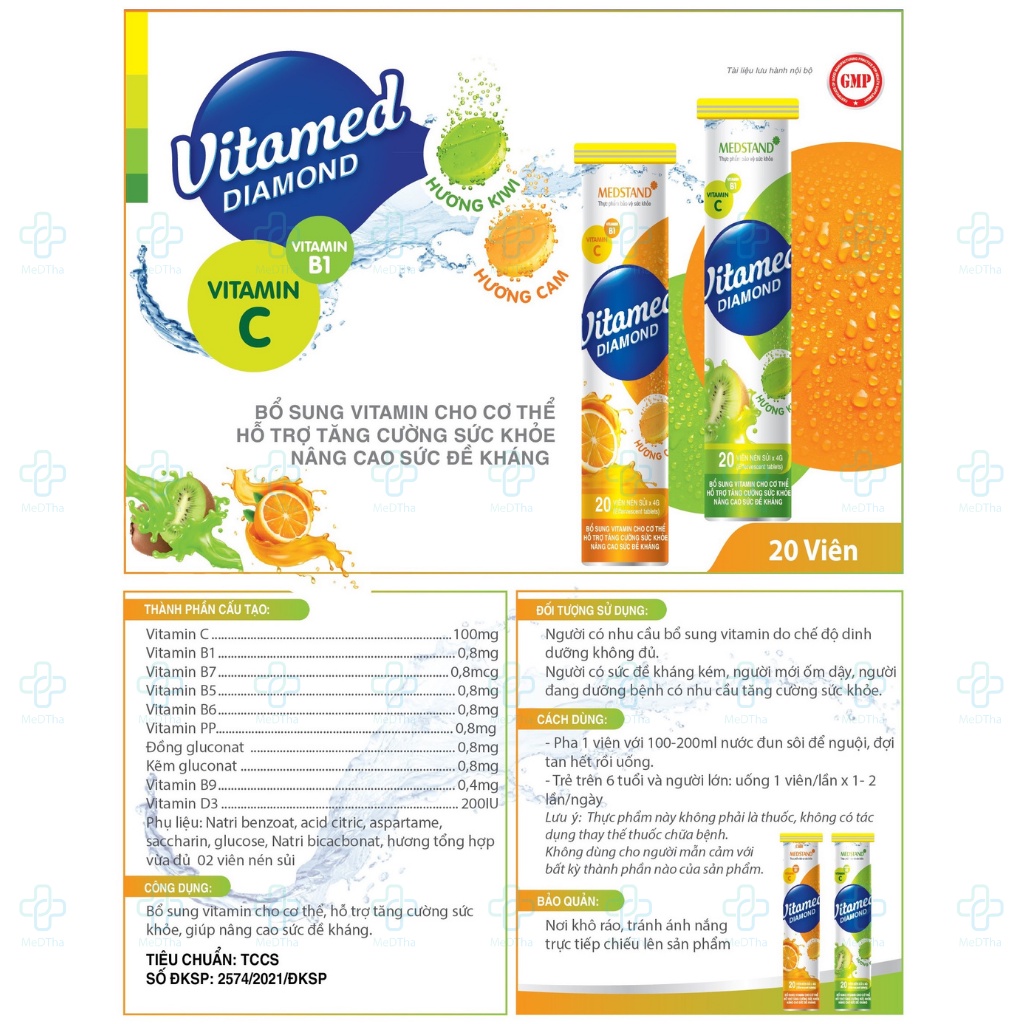 Viên Sủi Vitamed Diamond - Bổ Sung Vitamin, Tăng Sức Đề Kháng, Tăng Cường Sức Khỏe (Tuýp 20v - 8 Hương Vị)
