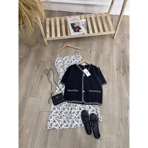 Set áo viền túi hộp đen kèm chân váy hoa nhí dáng dài vintage ( ảnh thật ) | BigBuy360 - bigbuy360.vn
