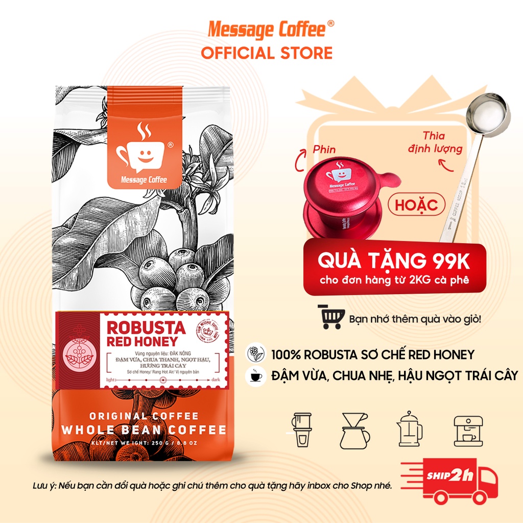 [TẶNG PHIN] Combo 2kg Cà Phê Robusta Red Honey nguyên chất thượng hạng rang mộc pha máy - pha phin từ Message Coffee