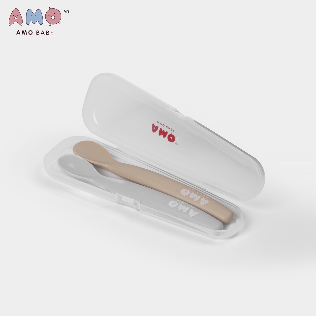 Set 2 thìa ăn dặm AMO186 có hộp chất liệu silicon cao cấp đầu mềm