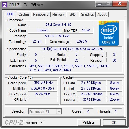 Bộ xử lý Intel® Core™ i3-4160 (3M bộ nhớ đệm, 3.6 GHz)