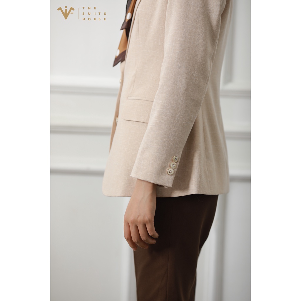 Bộ vest nữ cam nhạt phối nâu đậm, suits sartorial chất linen The Suits House