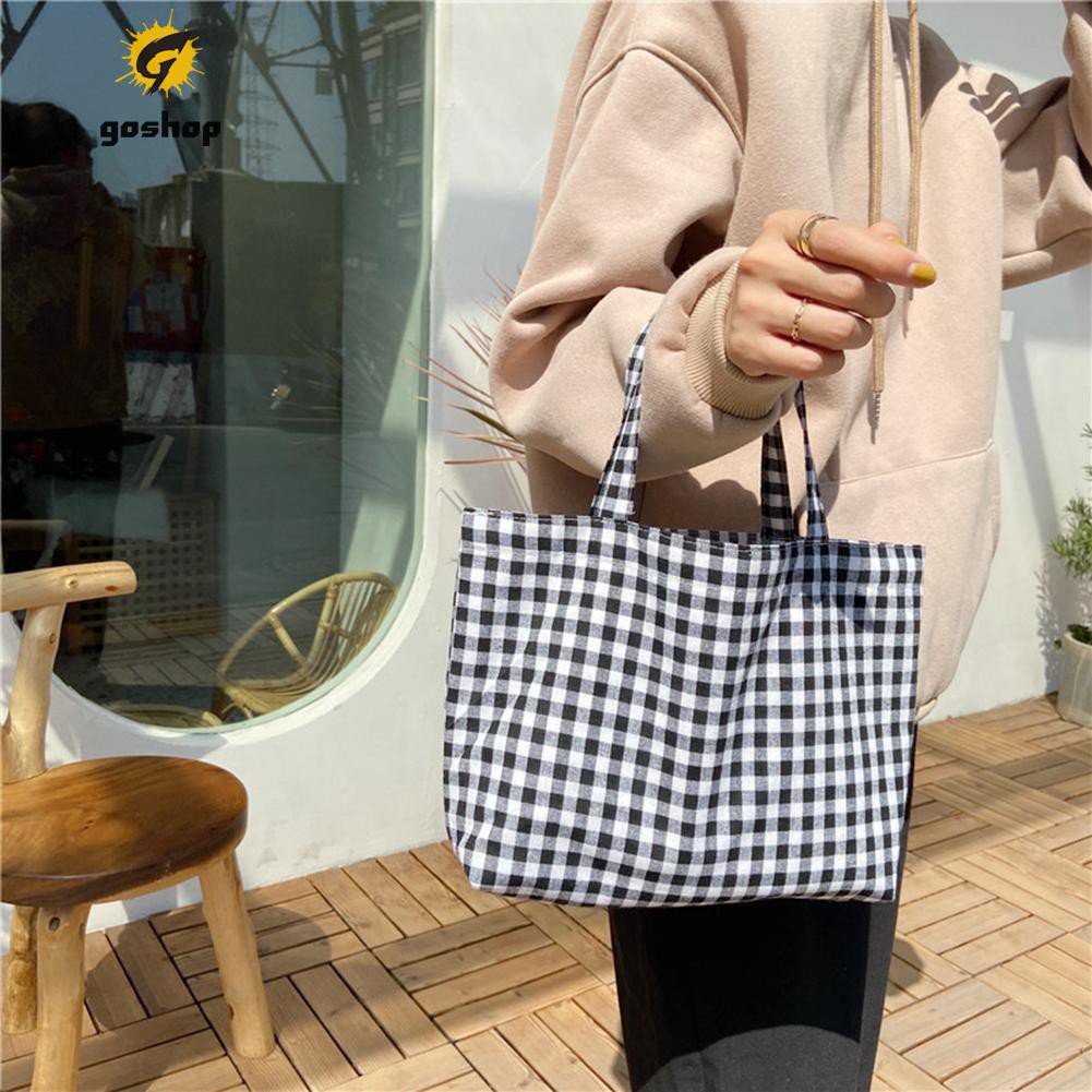 (GO ) Women Portable Cloth Shopping Handbag Tote Plaid Food Picnic Lunch Bags